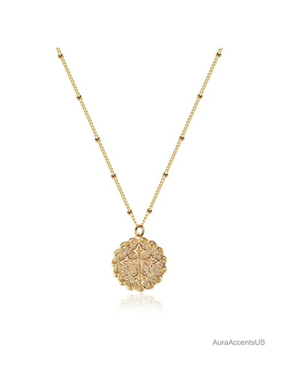 18k Gold Plated Vintage Textured Medallion Coin Pendant Necklace for Women